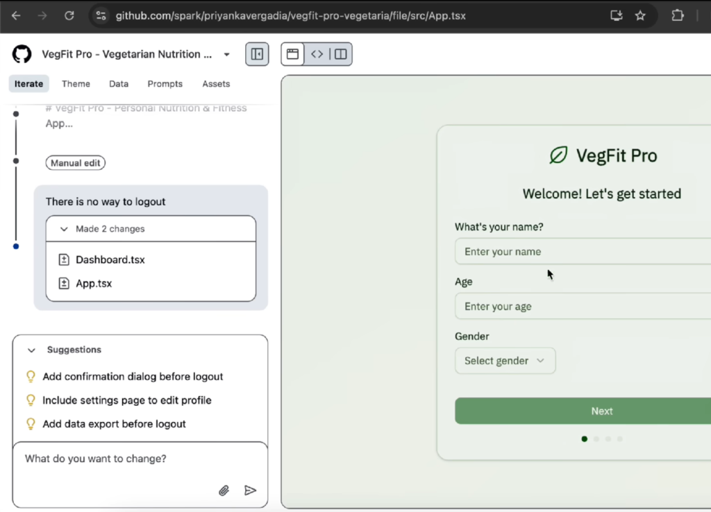 GitHub Spark creating fitness app